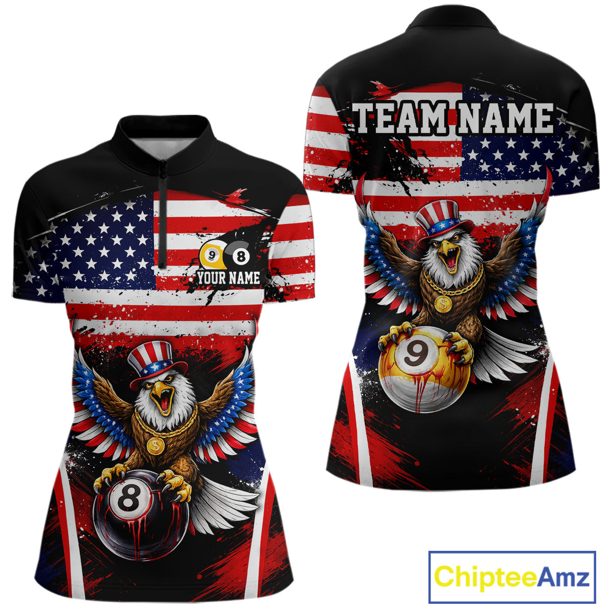 Grunge US Flag Eagle 8 Ball & 9 Ball Billiard Pool Shirt For Women Custom Patriotic Billiard Appeal NYN2762