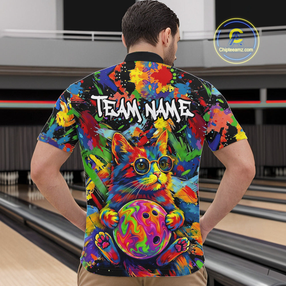 Funny Cat Colorful Paint Bowling Team Jerseys For Men Custom Splatter Bowling Polo 1/4-Zip Shirt NYN3167