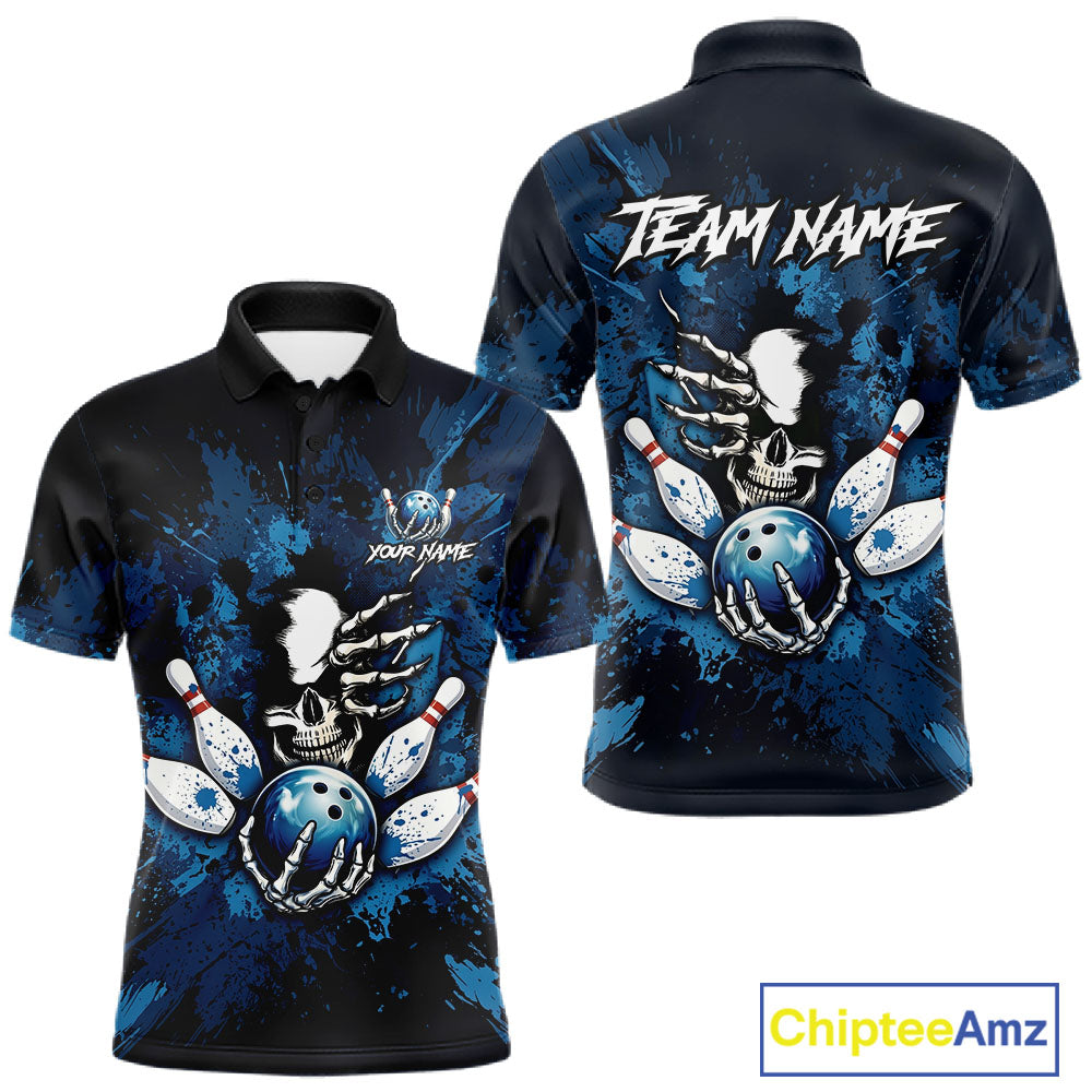 Blue Skelton Torn Bowling Ball & Pin Jerseys For Men Custom Splatter Paint Bowling Team Attire NYN3171