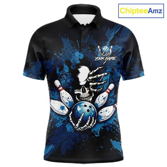 Blue Skelton Torn Bowling Ball & Pin Jerseys For Men Custom Splatter Paint Bowling Team Attire NYN3171