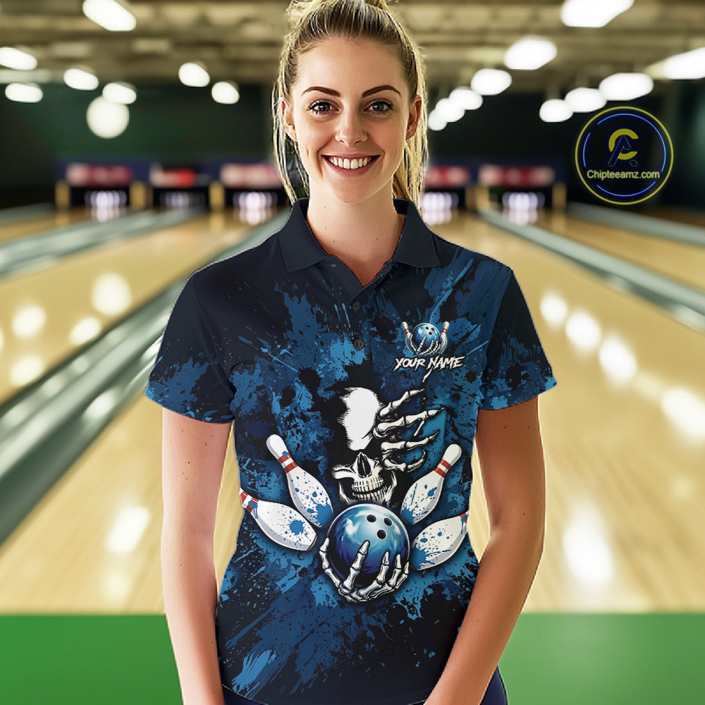 Blue Skelton Torn Bowling Ball & Pin Jerseys For Women Custom Splatter Paint Bowling Team Attire NYN3171