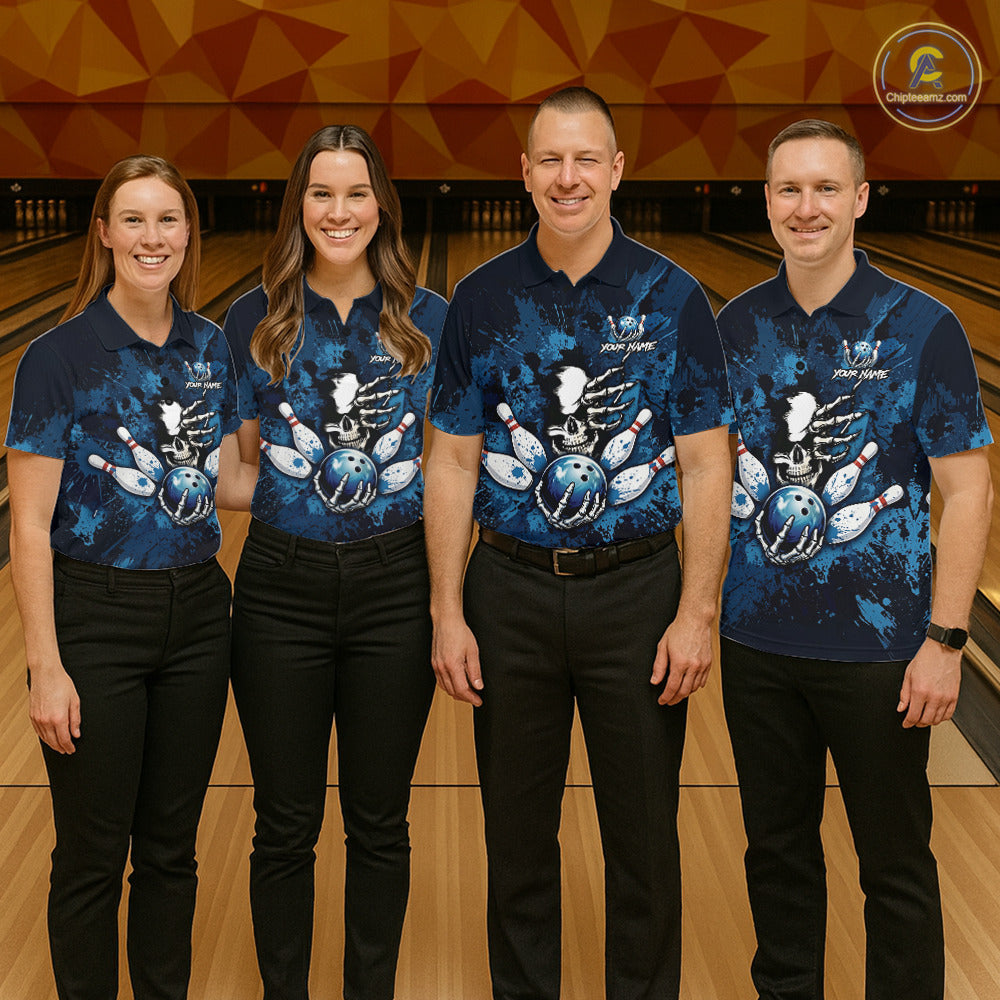 Blue Skelton Torn Bowling Ball & Pin Jerseys For Women Custom Splatter Paint Bowling Team Attire NYN3171