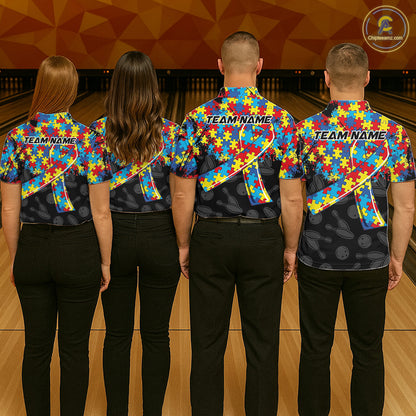 Personalized Colorful Autism Awareness Ribbon Bowling Shirt For Men Bowling Puzzles Team Jersey NYN3173