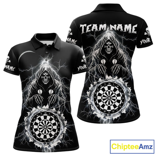 Lightning Thunder White & Black Grim Reaper Custom Dart Polo Shirt Women Dart League Jerseys NYN2091