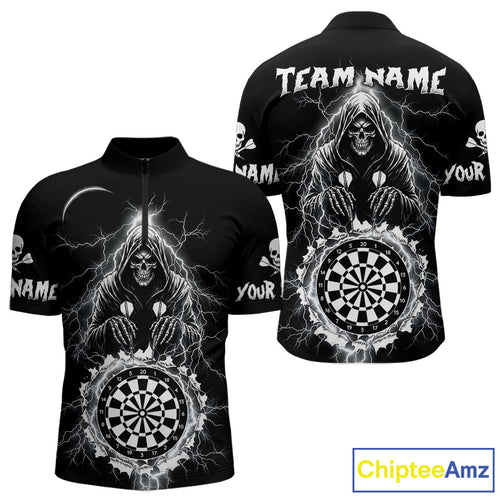 Lightning Thunder White & Black Grim Reaper Custom Dart Quarter-Zip Shirt Men Dart League Jerseys NYN2091