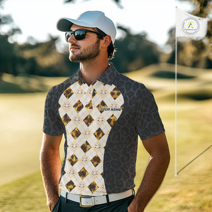Black Leopard Mens Golf Polo Shirt Personalized Yellow Argyle Pattern Golf Team Outfits NYN3395