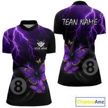 Load image into Gallery viewer, Women's quarter-zip billiard jersey with glowing neon butterflies, purple lightning and 8 ball design, personalized performance apparel for APA, BCA tournaments, pool teams and esports-inspired style.
