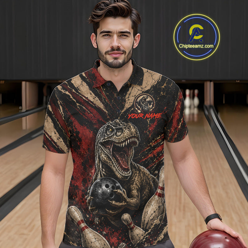 Male bowler wearing funny dinosaur bowling polo, vintage bowling league apparel, custom bowling jersey