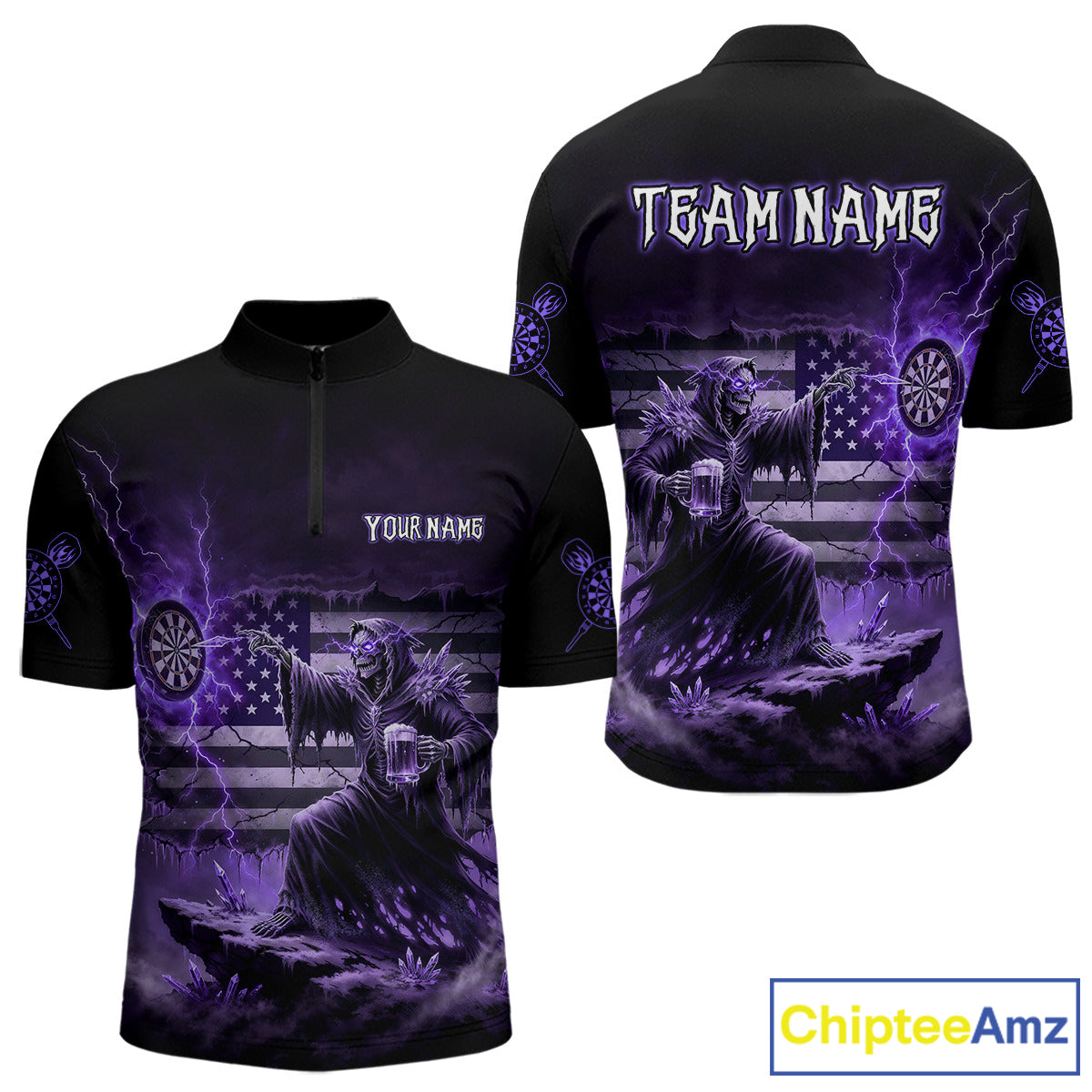 Custom Lightning Purple Grim Reaper Beer Funny Men Darts Quarter-Zip Shirt US Flag Dart Jerseys NYN1837