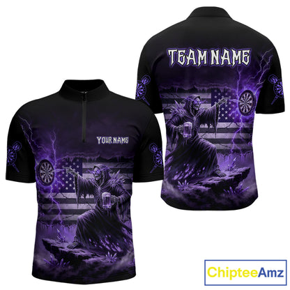 Custom Lightning Purple Grim Reaper Beer Funny Men Darts Quarter-Zip Shirt US Flag Dart Jerseys NYN1837