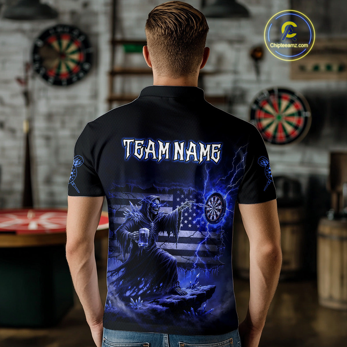Custom Lightning Blue Grim Reaper Beer Funny Men Darts Polo Shirt US Flag Dart Jerseys NYN1838