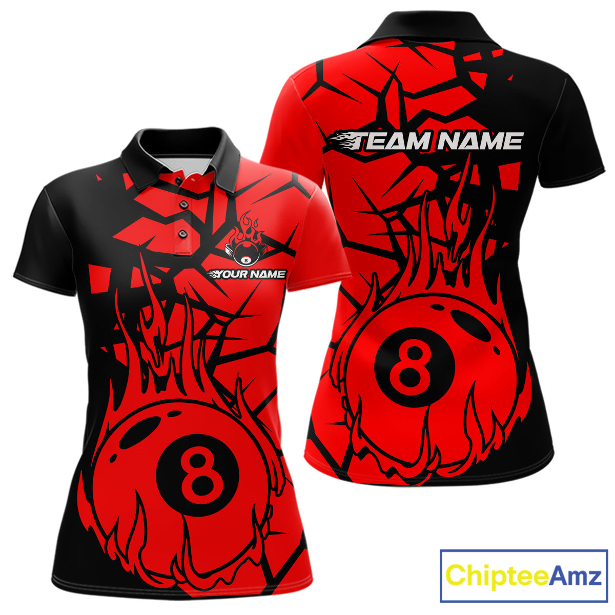 Black And Red Cracked Flaming Pool 8 Ball Women Billiard Shirt Custom Ball Billiard Team Attire NYN2625