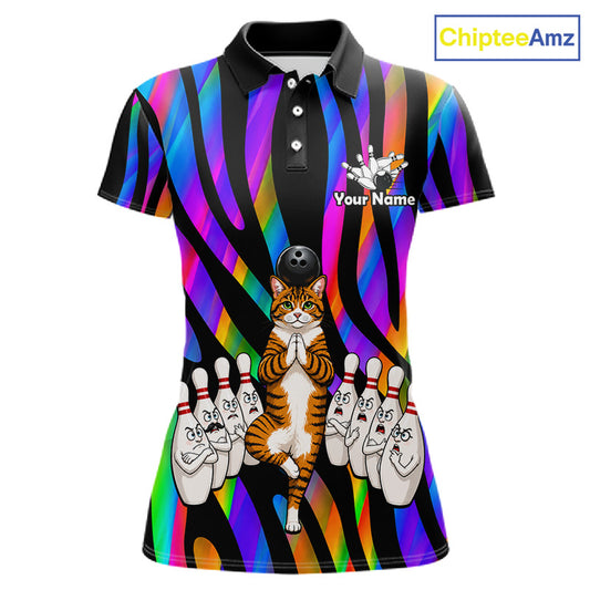 Rainbow Holographic Bowling Polo 1/4-Zip Shirts For Women Custom Funny Cat Bowling Pins Team Shirt NYN3930
