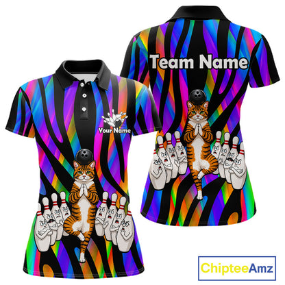 Rainbow Holographic Bowling Polo 1/4-Zip Shirts For Women Custom Funny Cat Bowling Pins Team Shirt NYN3930