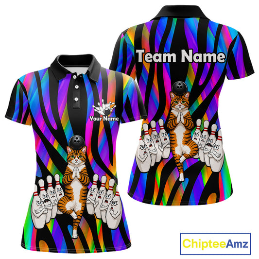 Rainbow Holographic Bowling Polo 1/4-Zip Shirts For Women Custom Funny Cat Bowling Pins Team Shirt NYN3930