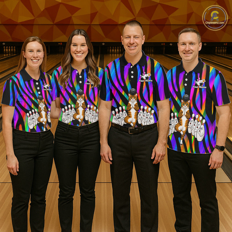 Rainbow Holographic Bowling Polo 1/4-Zip Shirts For Men Custom Funny Cat Bowling Pins Team Shirt NYN3930