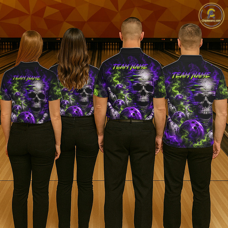 Custom Green & Purple Smoke Skull Bowling Shirts For Men Retro Skull Bowling Tournament Shirt NYN3945