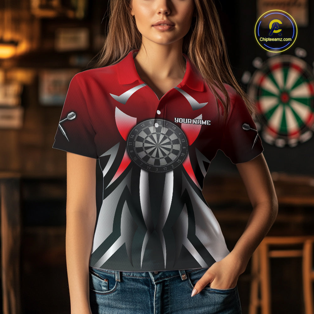 Red And Gradient Silver Darts Polo & 1/4-Zip Shirt For Women Custom Name Dart Jersey For Darters NYN3003