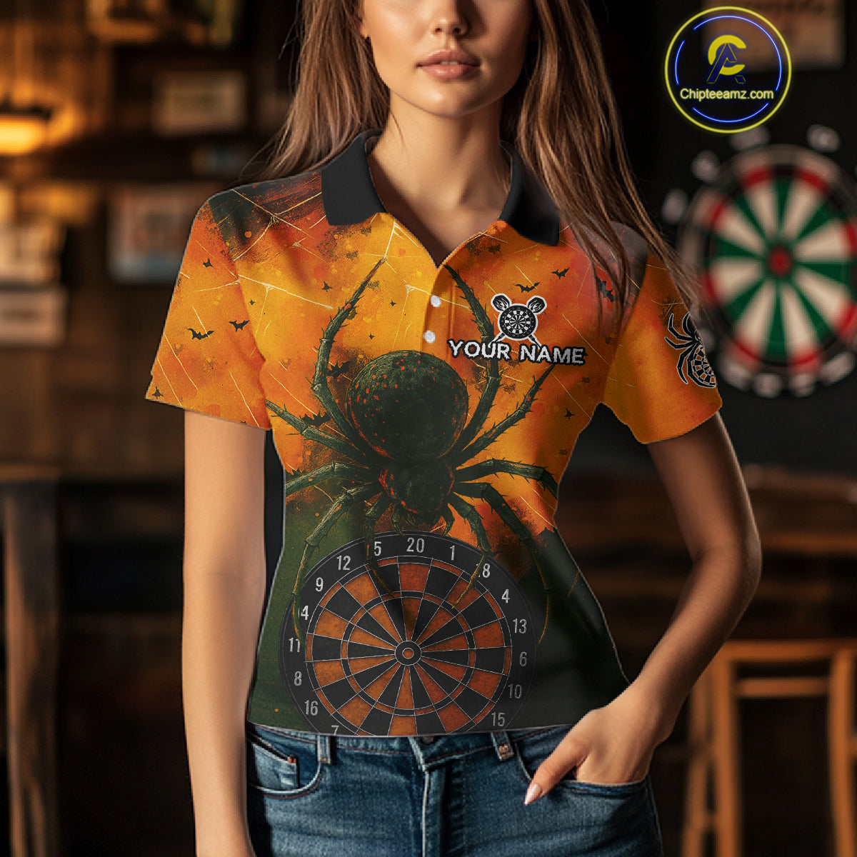 Custom Orange Spider Dartboard Halloween Dart Women Polo Shirt Grunge Dart Jerseys NYN1615