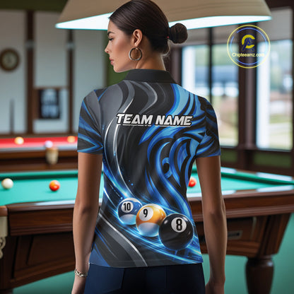 Black And Blue Tribal Light 8 Ball Pool Women Polo & 1/4-Zip Shirt Custom Billiards Ball Jerseys NYN2430
