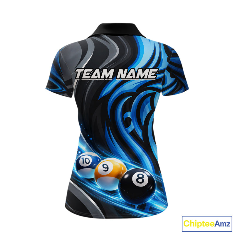 Black And Blue Tribal Light 8 Ball Pool Women Polo & 1/4-Zip Shirt Custom Billiards Ball Jerseys NYN2430