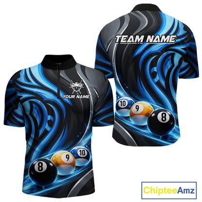 Black And Blue Tribal Light 8 Ball Pool Men Polo & 1/4-Zip Shirt Custom Billiards Ball Jerseys NYN2430