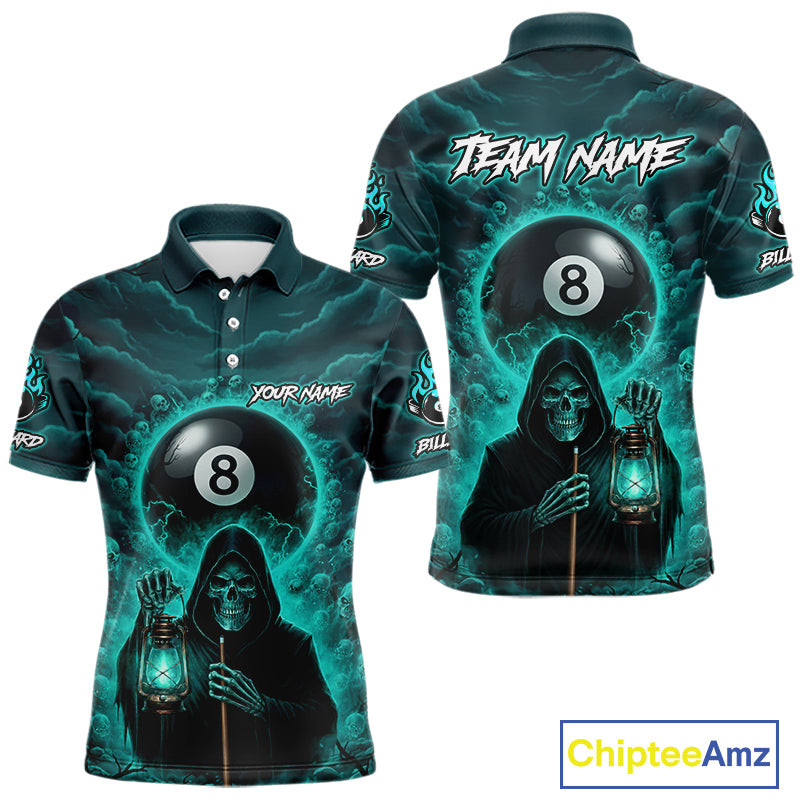 Teal Thunder Grim Reaper 8 Ball Pool Men Polo & 1/4-Zip Shirt Custom Billiard Ball & Cue Gifts NYN2436