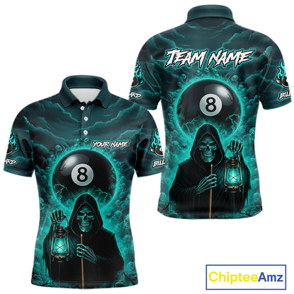Teal Thunder Grim Reaper 8 Ball Pool Men Polo & 1/4-Zip Shirt Custom Billiard Ball & Cue Gifts NYN2436
