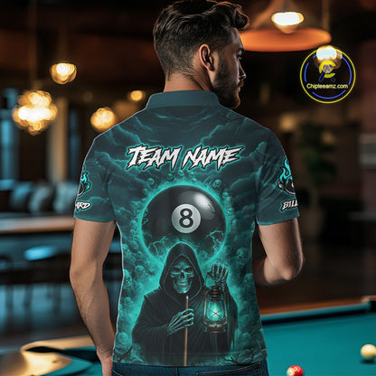 Teal Thunder Grim Reaper 8 Ball Pool Men Polo & 1/4-Zip Shirt Custom Billiard Ball & Cue Gifts NYN2436