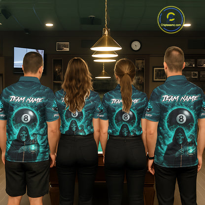 Teal Thunder Grim Reaper 8 Ball Pool Women Polo & 1/4-Zip Shirt Custom Billiard Ball & Cue Gifts NYN2436