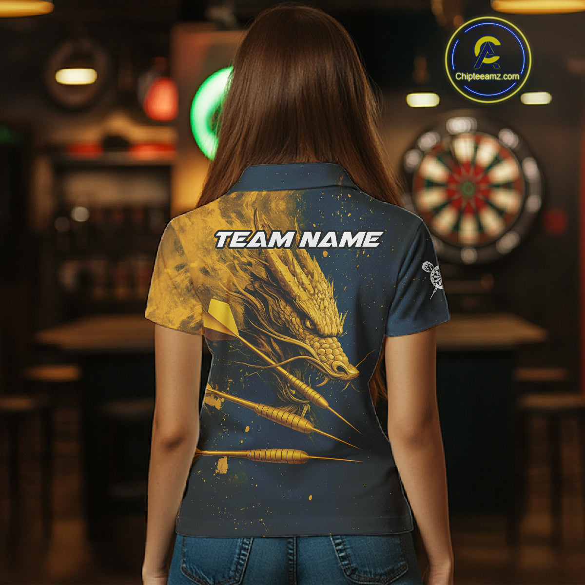 Custom Blue And Gold Dragon Dart Arrow Dart Women Polo Shirt Grunge Dart Team Jerseys NYN1624