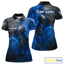 Load image into Gallery viewer, Custom Grey And Blue Flames Dartboard Skeleton Dart Women Polo Shirt Dart Team Jerseys NYN1628