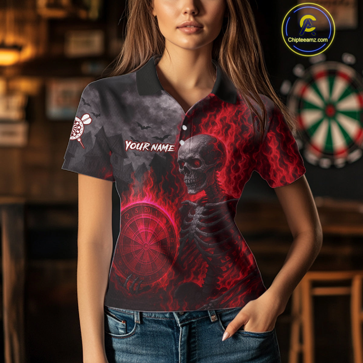 Custom Grey And Red Flames Dartboard Skeleton Dart Women  Polo Shirt Dart Team Jerseys NYN1629