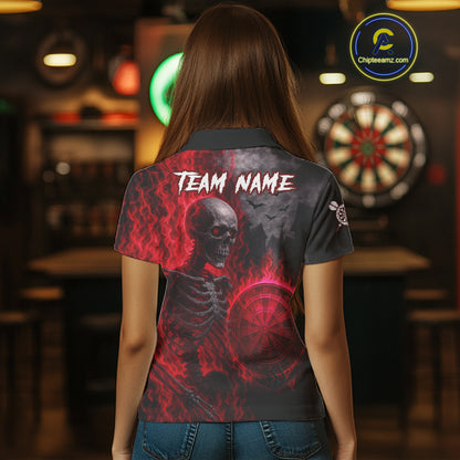 Custom Grey And Red Flames Dartboard Skeleton Dart Women  Polo Shirt Dart Team Jerseys NYN1629
