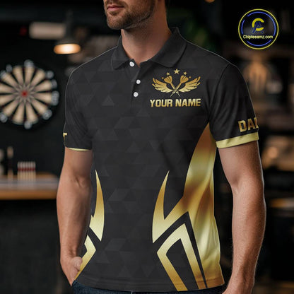 Black & Gold Human Play Dartboard Men Dart Shirts Custom Darts Polo Team Jersey NYN2449