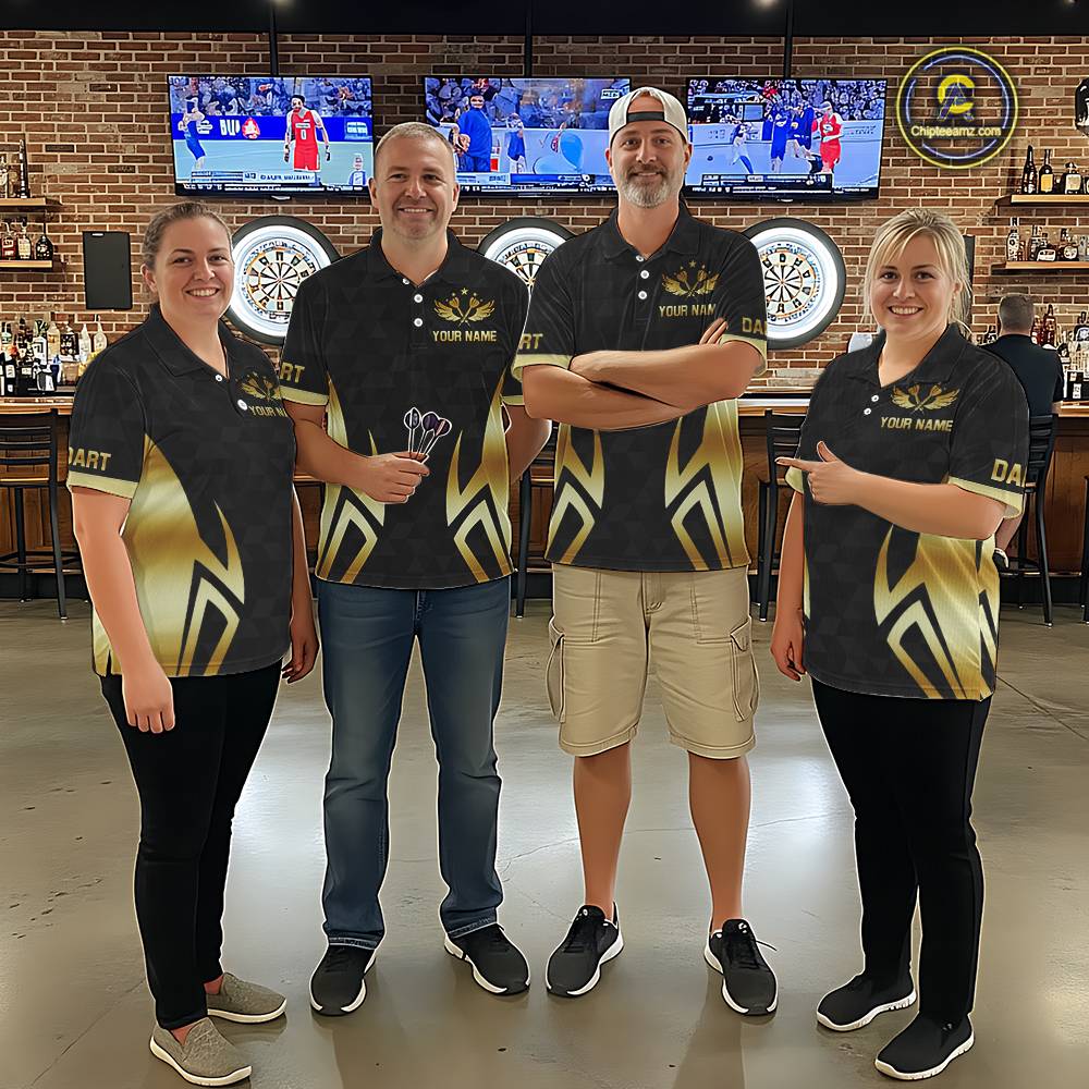 Black & Gold Human Play Dartboard Men Dart Shirts Custom Darts Polo Team Jersey NYN2449