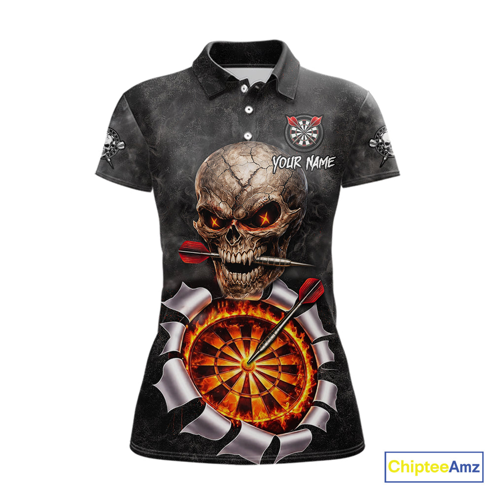 Custom Smoke Grunge Skull Torn Fire Flame Darts Polo & Quarter-Zip Shirts For Women Dart Team Jerseys NYN2822