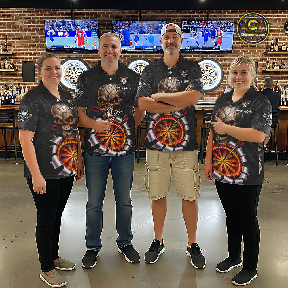 Custom Smoke Grunge Skull Torn Fire Flame Darts Polo & Quarter-Zip Shirts For Women Dart Team Jerseys NYN2822