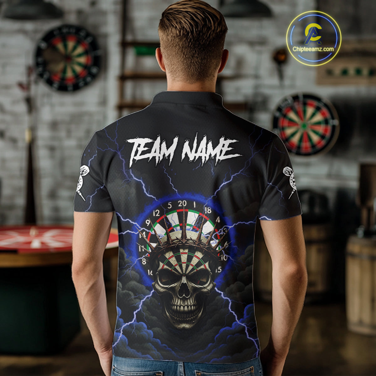 Custom Lightning Blue Smokes Skull Dartboard Men Darts Polo Shirt Skull Dart Jerseys NYN1917
