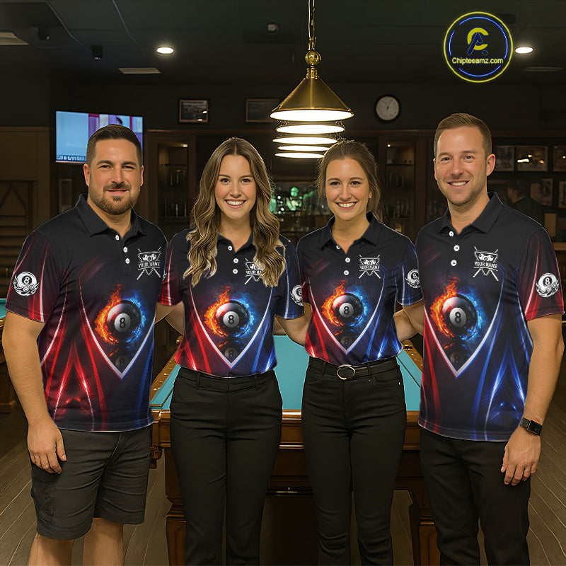 Blue And Red Flames 8 Ball Pool Women Polo & 1/4-Zip Team Shirts Custom Billiards Ball Apparel NYN2457