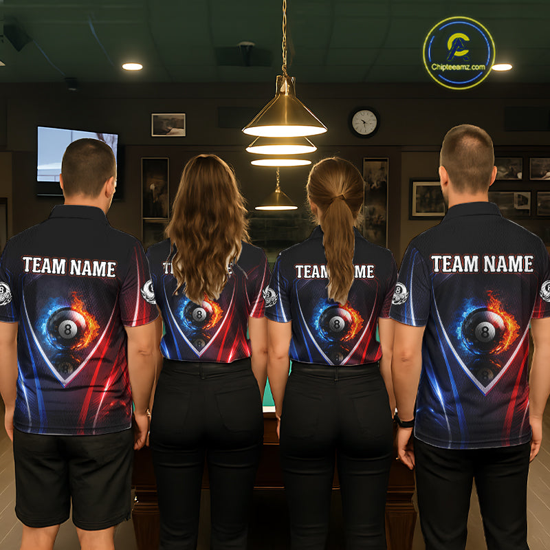 Blue And Red Flames 8 Ball Pool Women Polo & 1/4-Zip Team Shirts Custom Billiards Ball Apparel NYN2457
