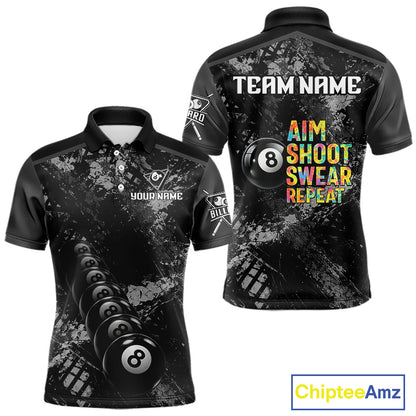 Aim Shoot Swear Repeat Ball Pool Men Polo & 1/4-Zip Team Shirt Custom 8 Ball Billiards Apparel NYN2466