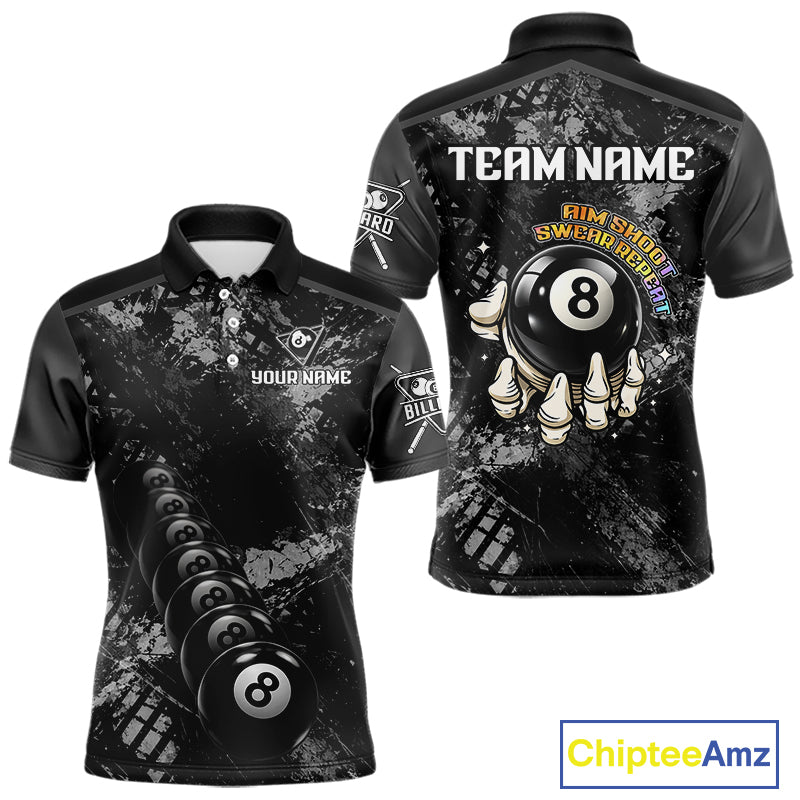 Aim Shoot Swear Repeat Holding 8 Ball Pool Men Billiard Team Shirt Custom Ball Billiards Apparel NYN2467