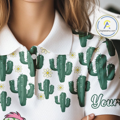 Personalized Green Cactus Flower Pattern Womens Golf Polo Shirts Custom Funny Flaming Golf Shirt NYN2837