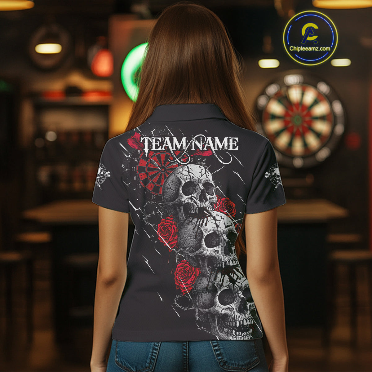 Custom Red Roses Blood Dripping Skull Dartboard Women Darts Polo Shirt  Dart Jerseys NYN1927