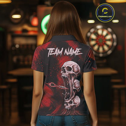 Custom Red Grunge Creepy Skull Flame Dart Arrow Women Darts Polo Shirt Dart Jerseys NYN1939