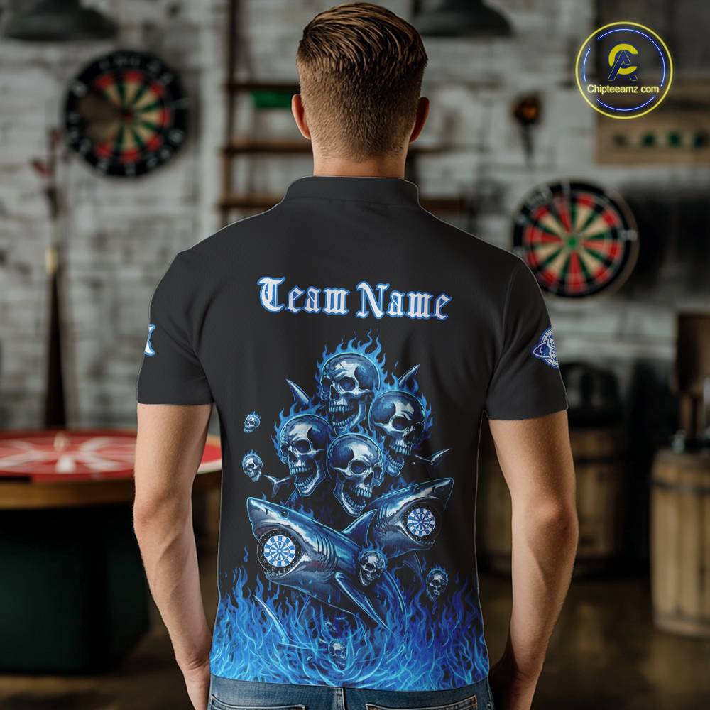 Custom Blue Flames Shark And Skull 3D Men Darts Polo League Shirts Funny Dart Jerseys NYN2203