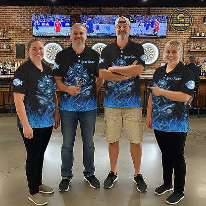 Custom Blue Flames Shark And Skull 3D Men Darts Polo League Shirts Funny Dart Jerseys NYN2203