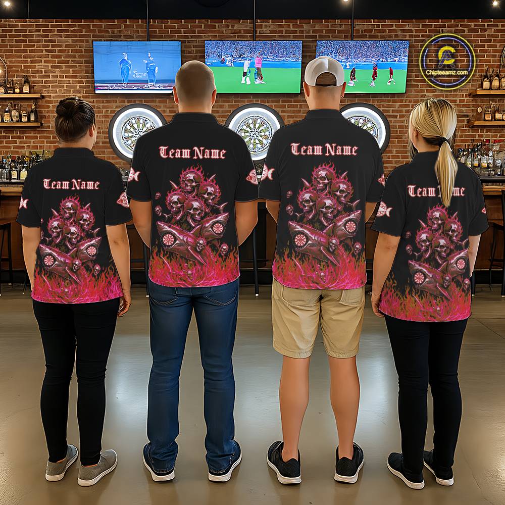 Custom Red Flames Shark And Skull 3D Men Darts Polo League Shirts Funny Dart Jerseys NYN2204