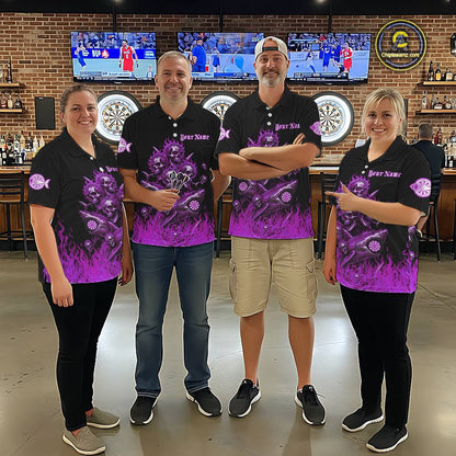 Custom Purple Flames Shark And Skull 3D Men Darts Quarter-Zip League Shirts Funny Dart Jerseys NYN2205